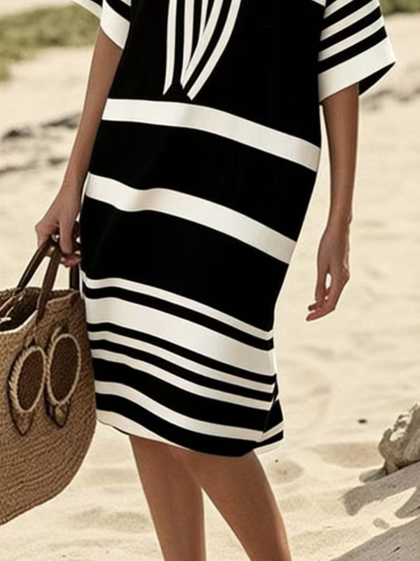 Trendsi Full Size Striped Half Sleeve Midi Dress Plus Size -