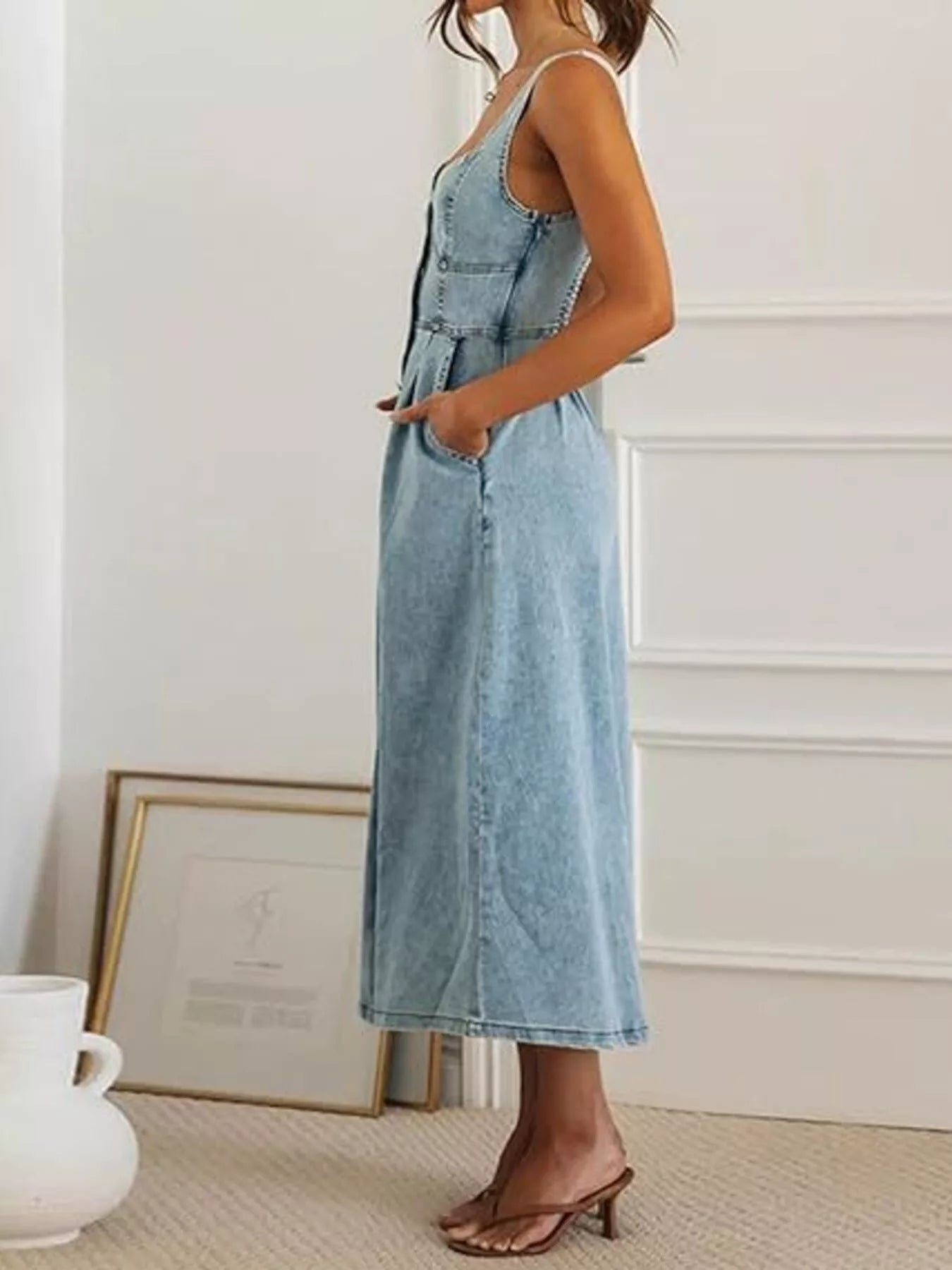 Trendsi Smocked Back Button Front Denim Midi Dress -