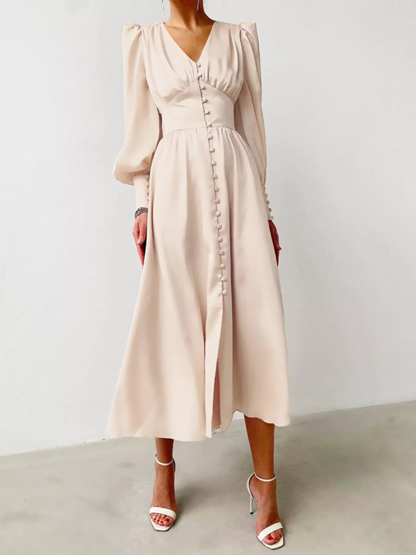 Trendsi Elegant V-Neck Puff Sleeve Button-Down Midi Dress -