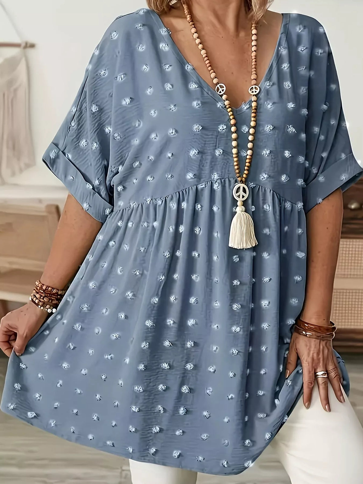Swiss-dot blouse, dusty blue front