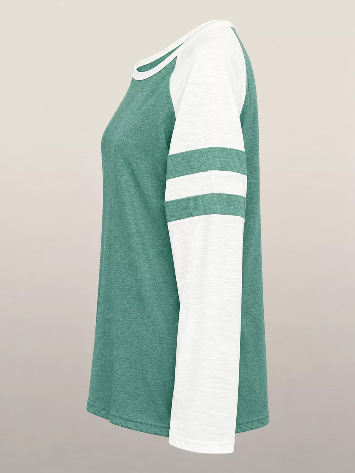 Green color-block raglan sleeve striped t-shirt, side view