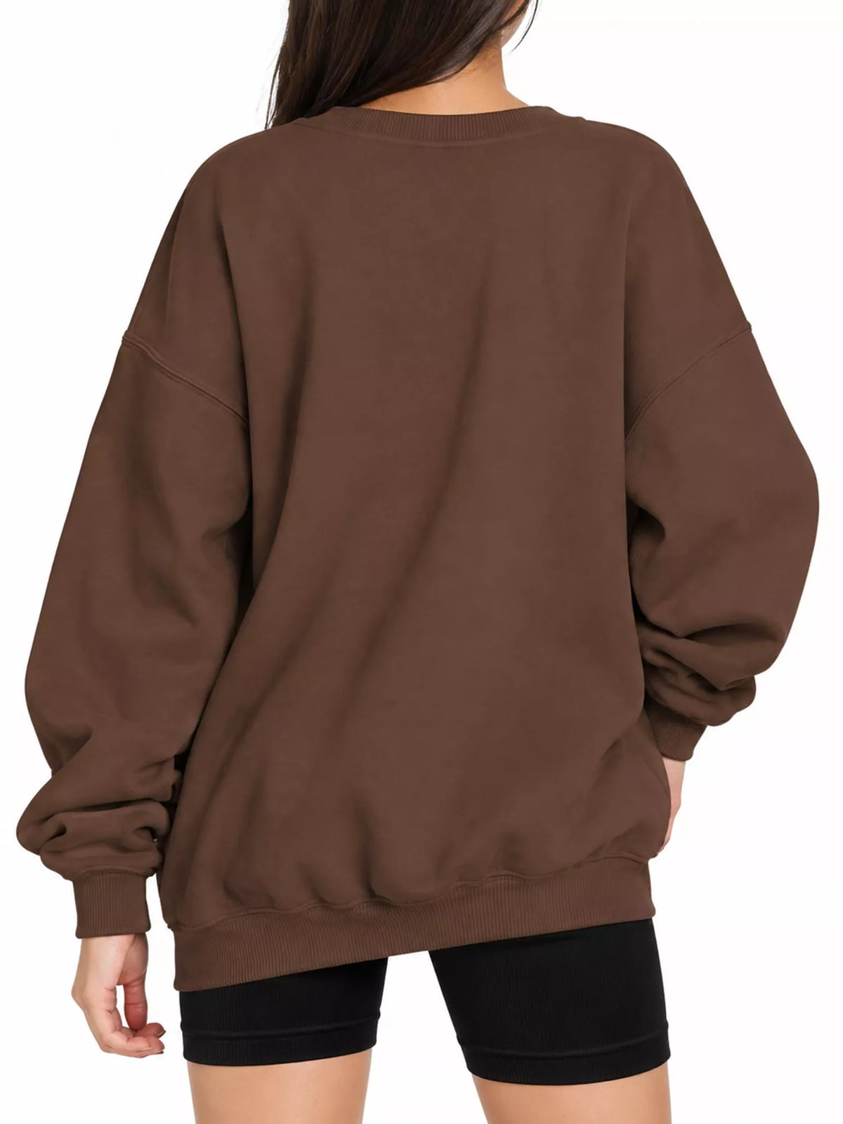 Ribbed Trim Crew Neck Sweatshirt in brown, back view