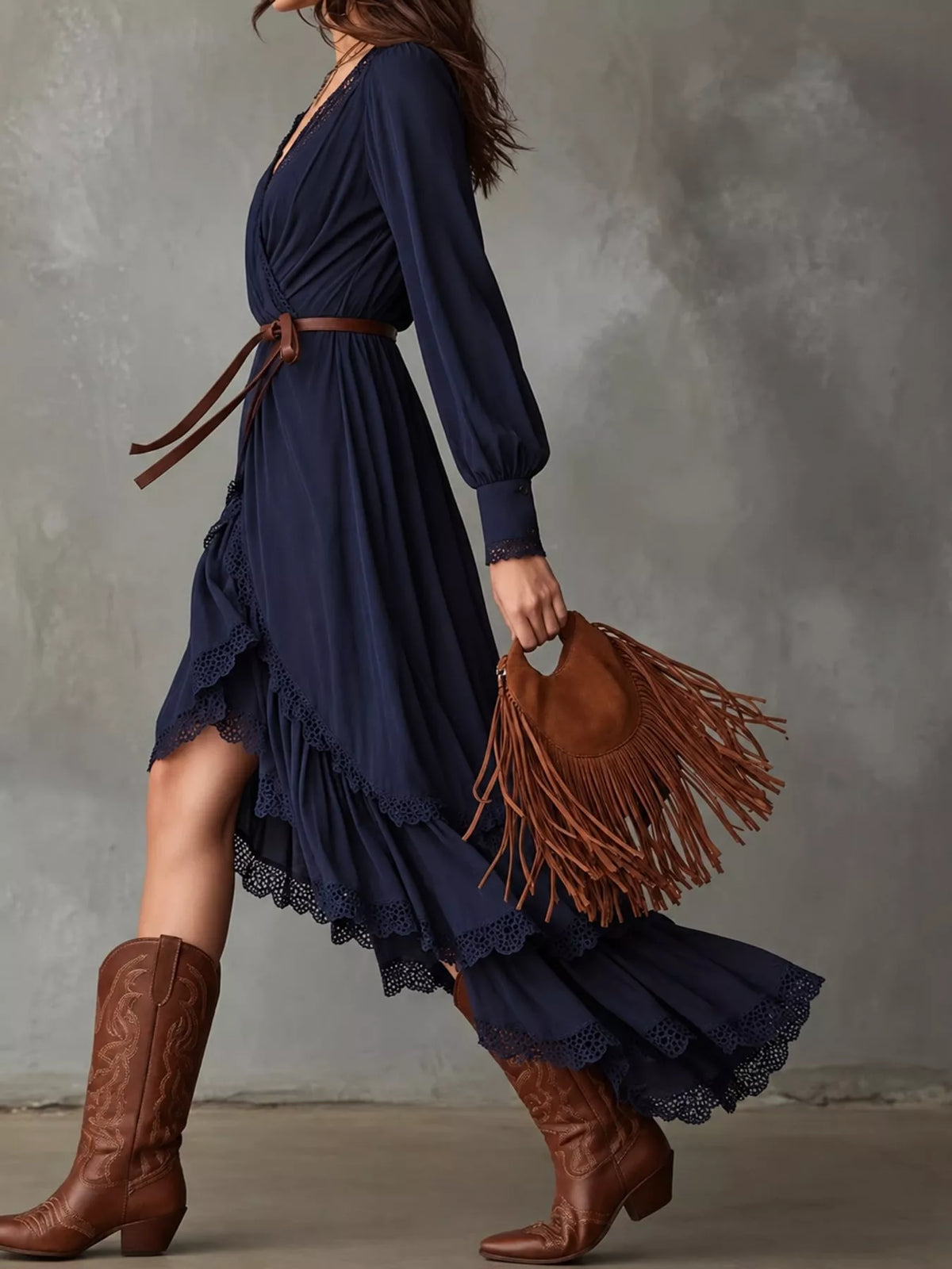 High-Low Hem Surplice Dress in navy blue