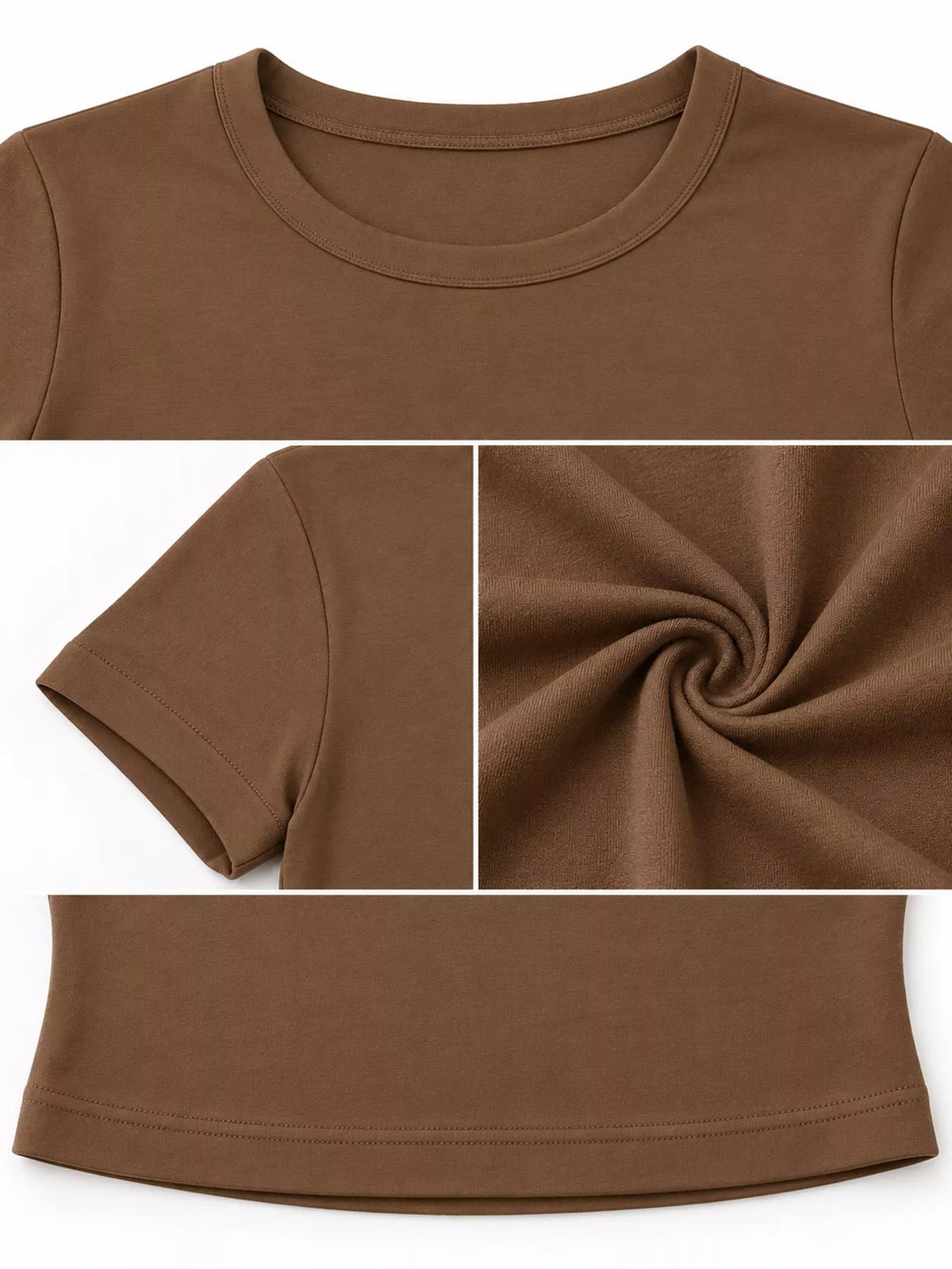 Brown crew neck crop T-shirt, fabric and neckline detail collage