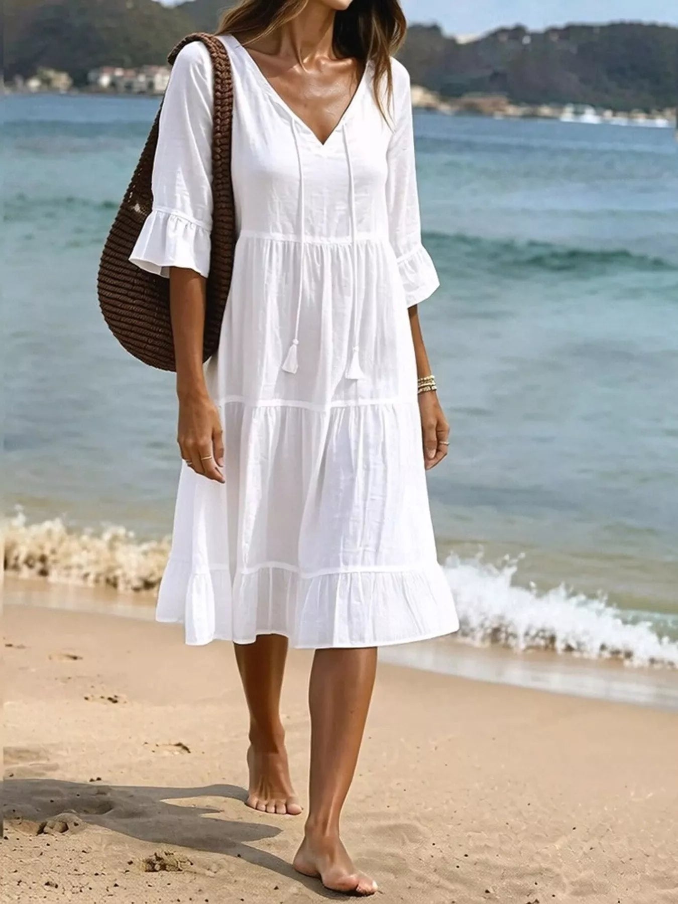 Trendsi Full Size Tiered Tie Neck Flounce Sleeve Dress Plus Size -