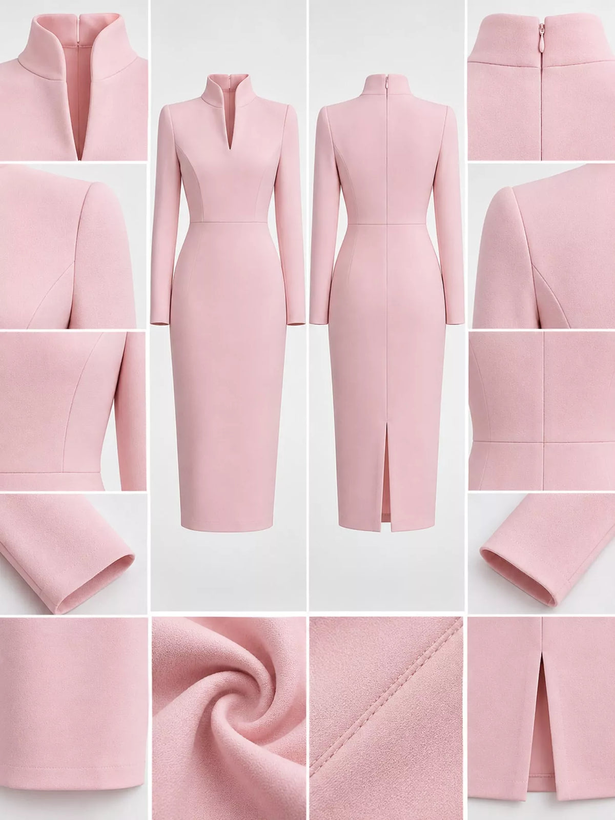 Women's Stand-Collar Long-Sleeve Midi Dress in pink — detail collage view