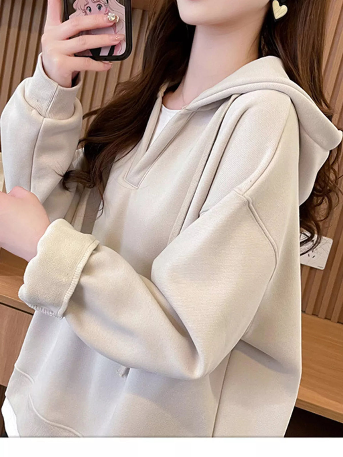Cream layered look dropped shoulder hoodie, side view