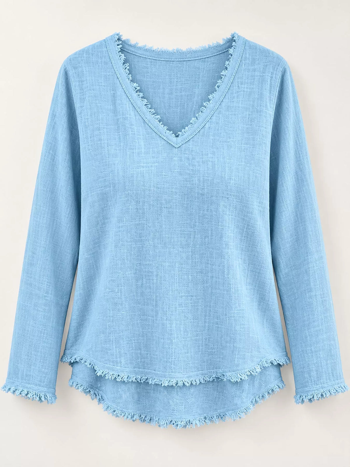 Frayed V-neck blouse, light blue flat lay