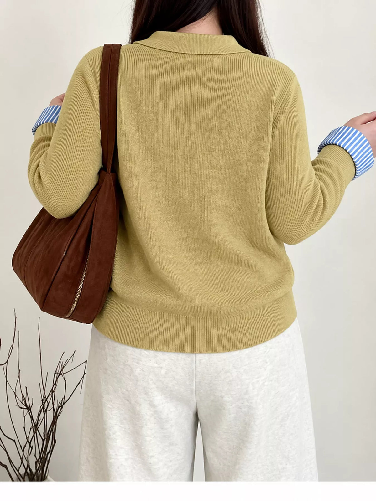 Yellow layered look striped sweater, back view