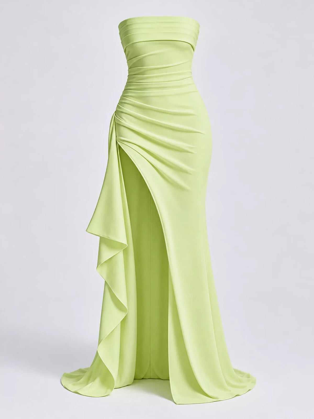 Light green strapless high slit bodycon maxi evening dress, front view