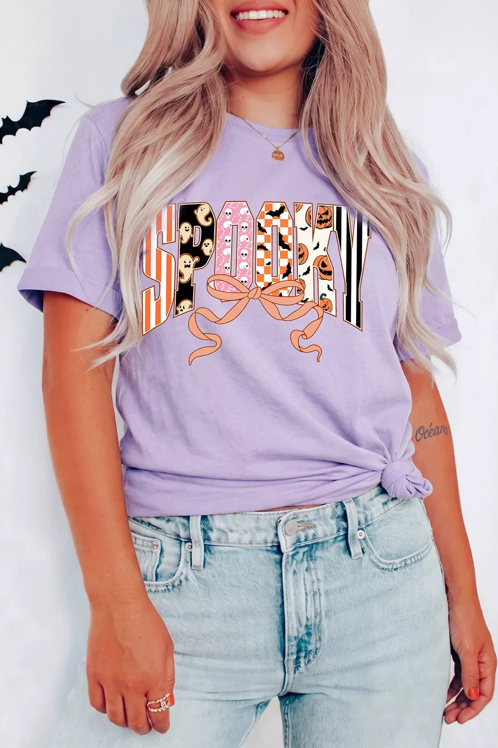 Trendsi Halloween Spooky Letter Graphic Round Neck Casual T Shirt -