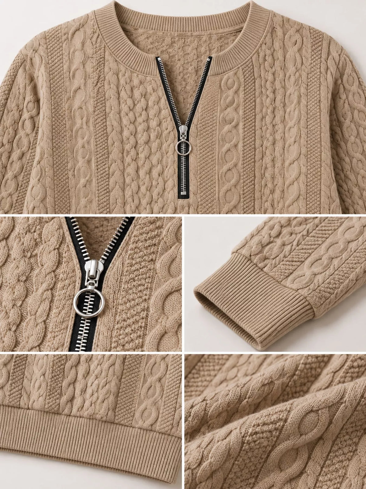 Quarter-Zip Cable Knit Sweatshirt — garment construction details