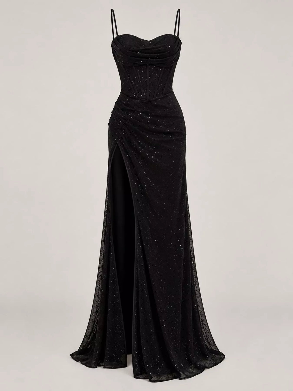 Black high-slit glitter maxi evening dress — front view