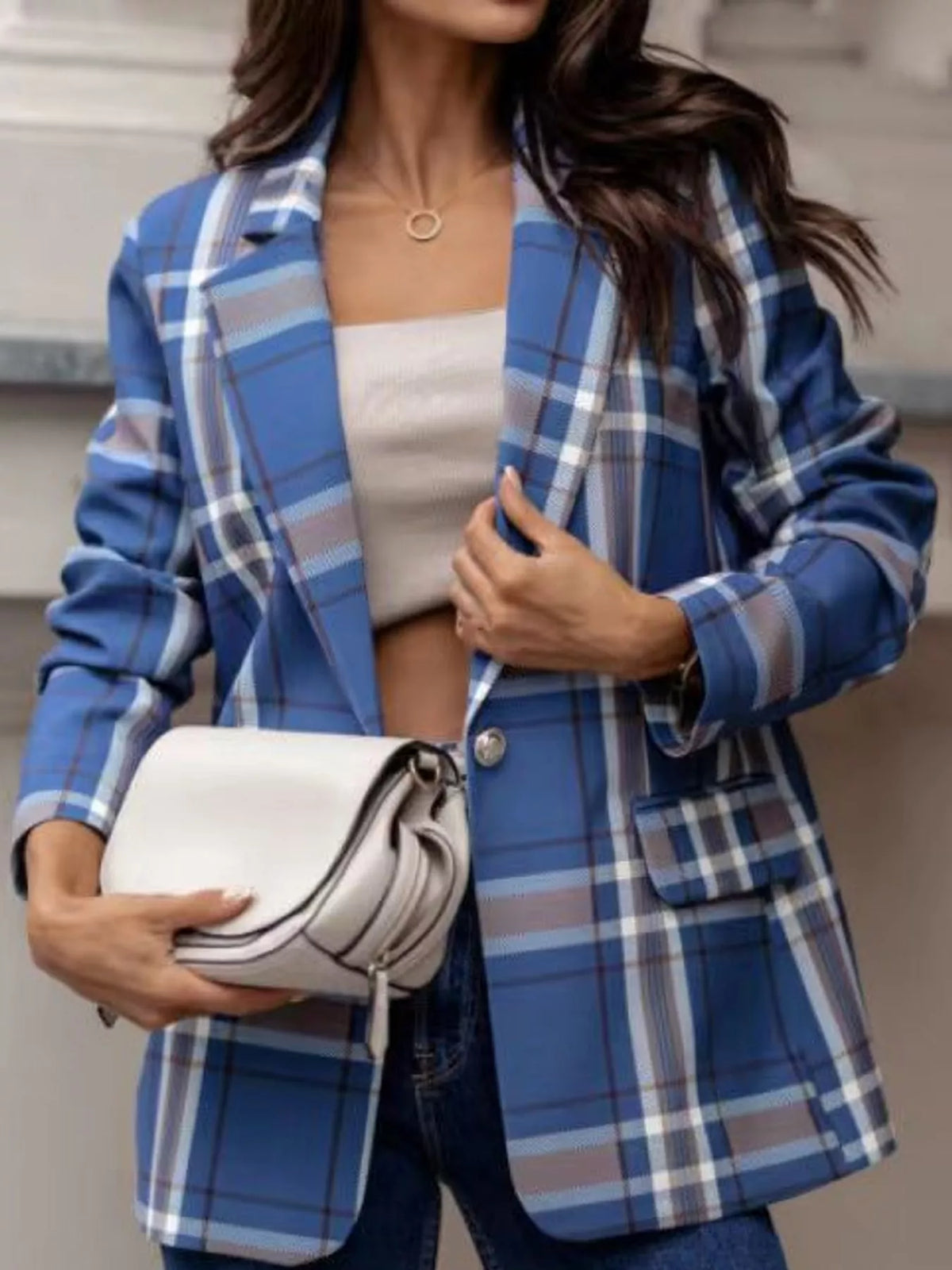 Collared long sleeve blazer, front view on model