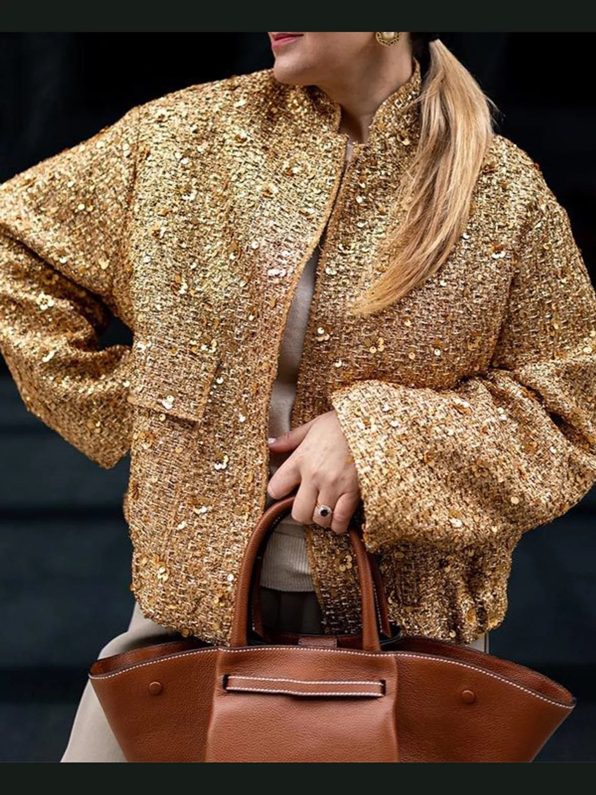 Gold tweed textured long sleeve jacket — front view