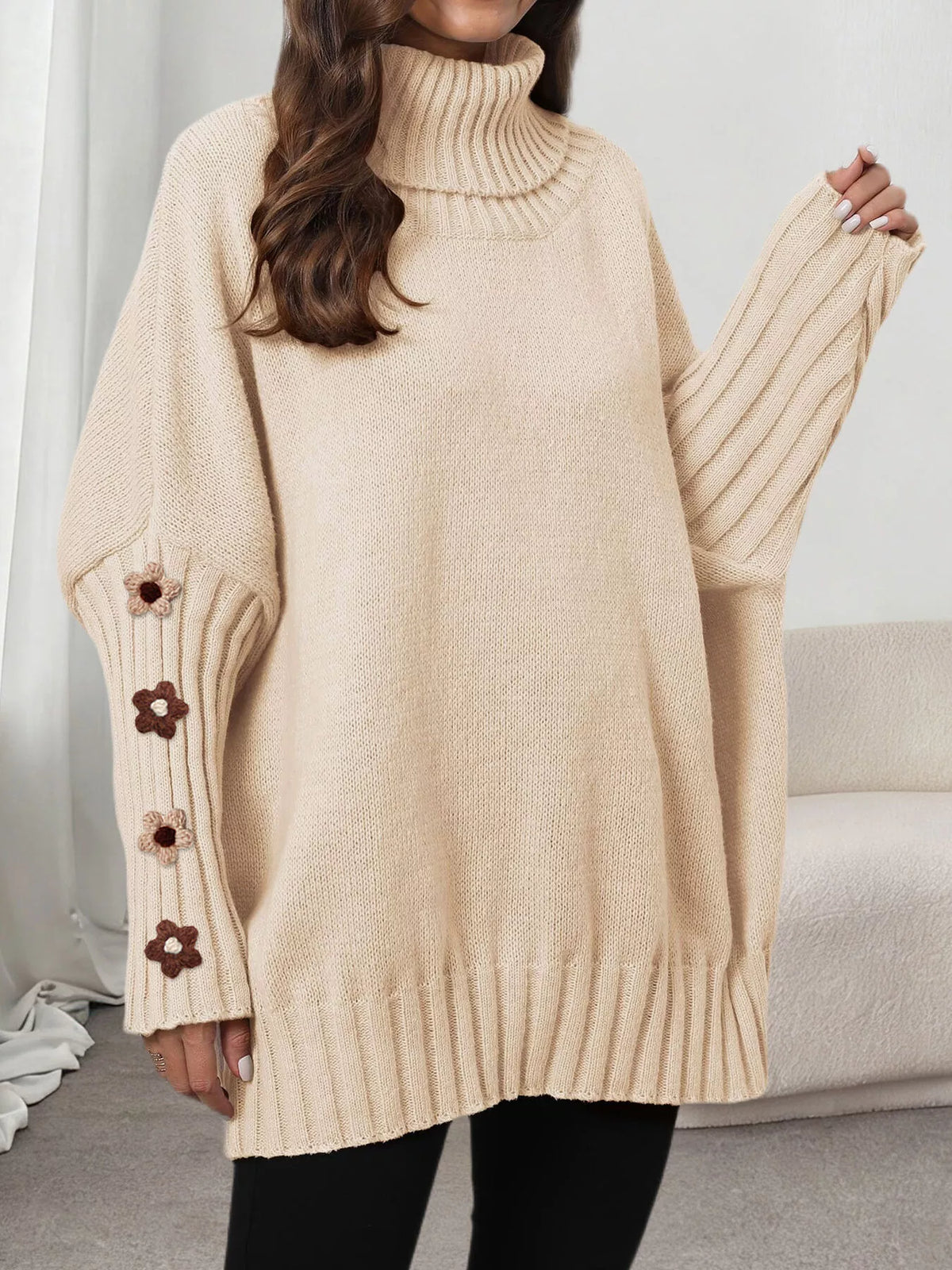 Beige oversized floral sleeve turtleneck sweater, front view