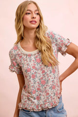 Trendsi BiBi Rose Printed Slub Knit Ruffled Sleeves Top -
