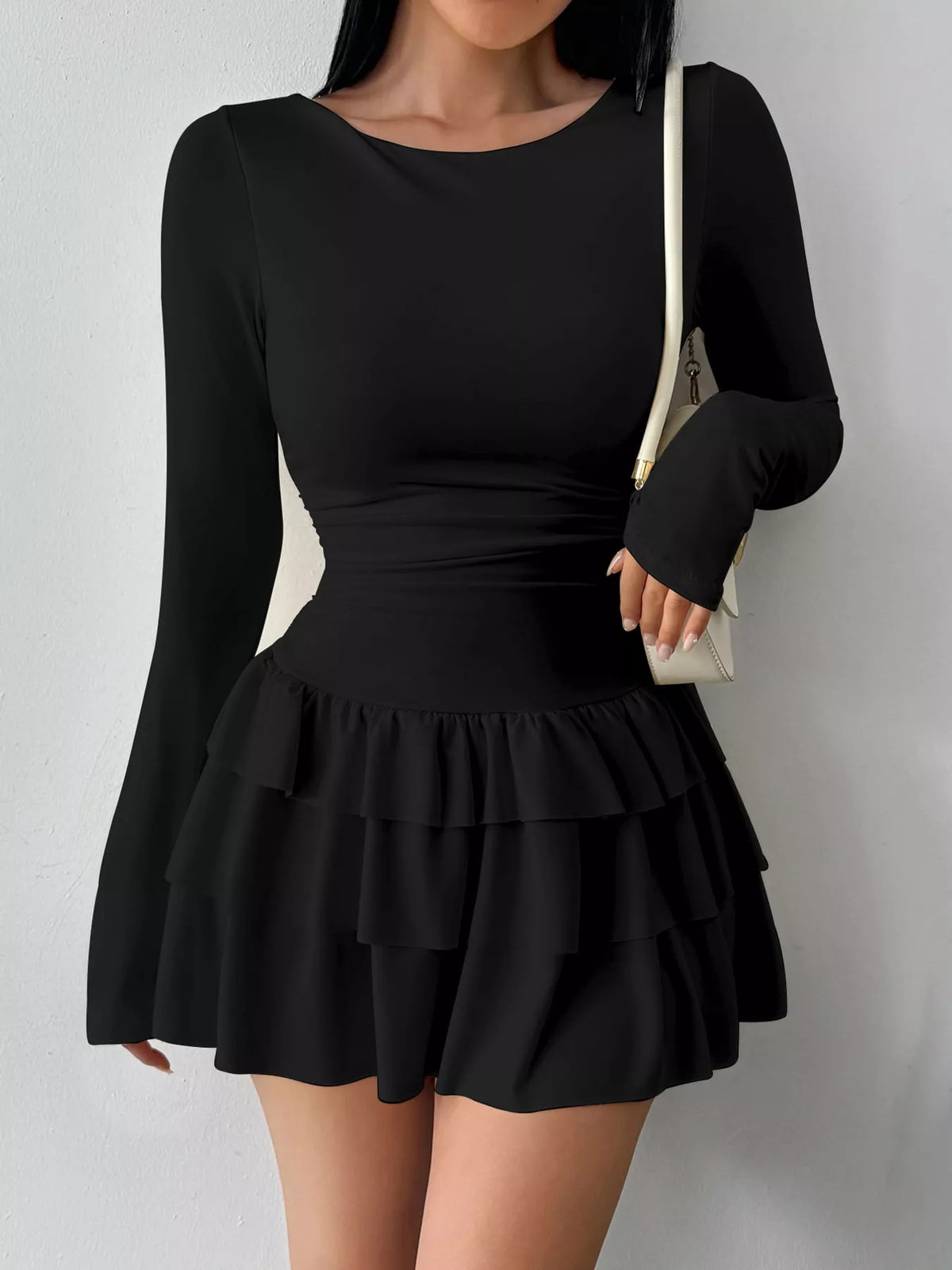 Black layered ruffle mini dress