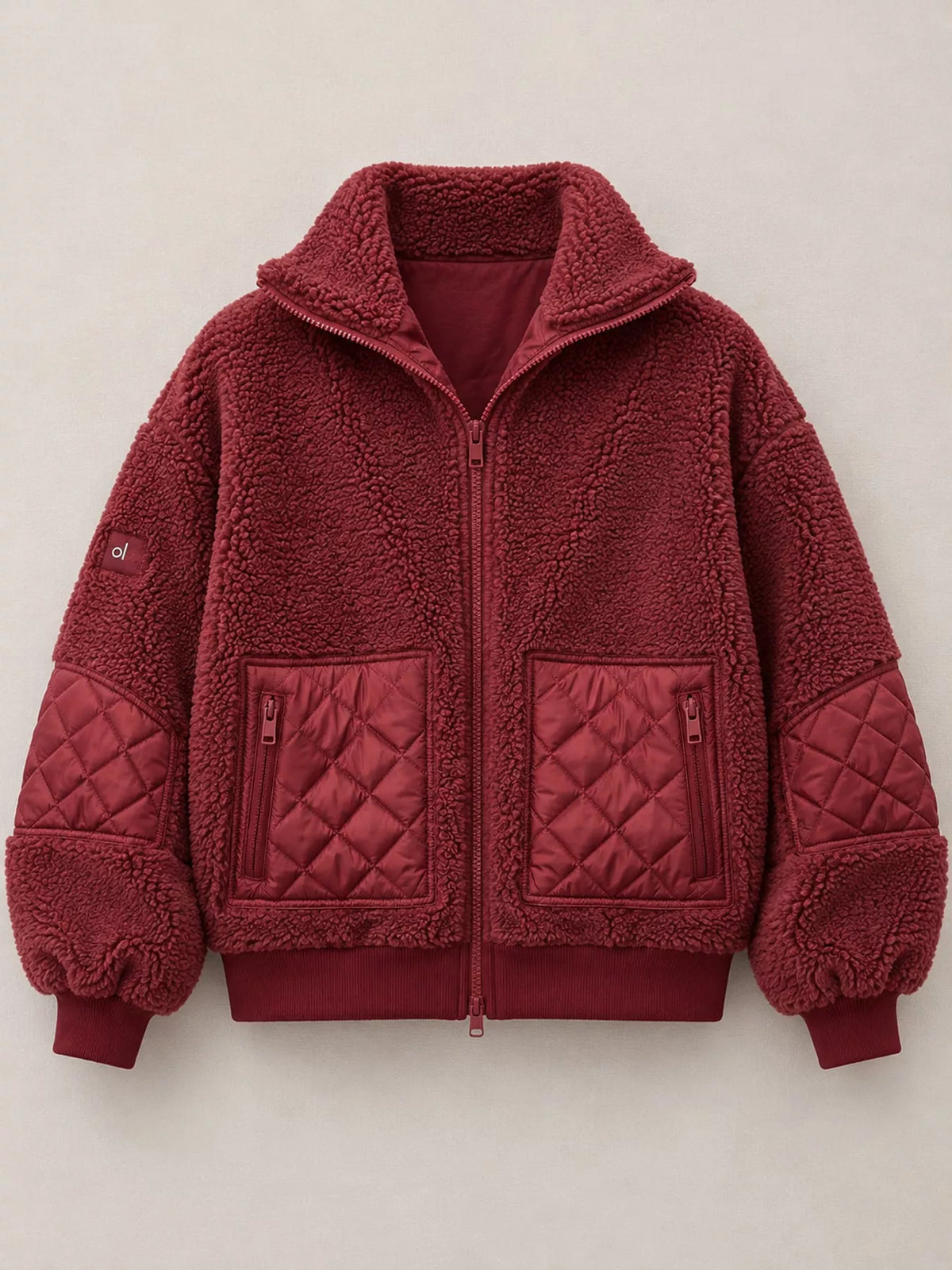 Vintage Red sherpa quilted zip up jacket, back view