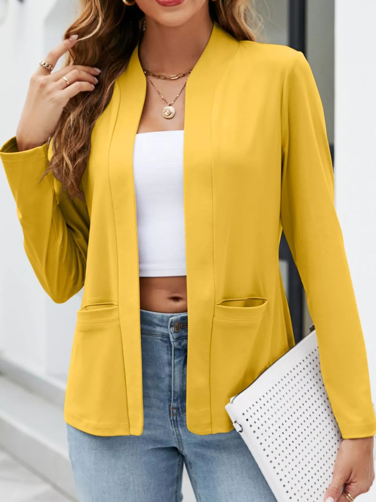 Mandarin neck long sleeve blazer, front view on model