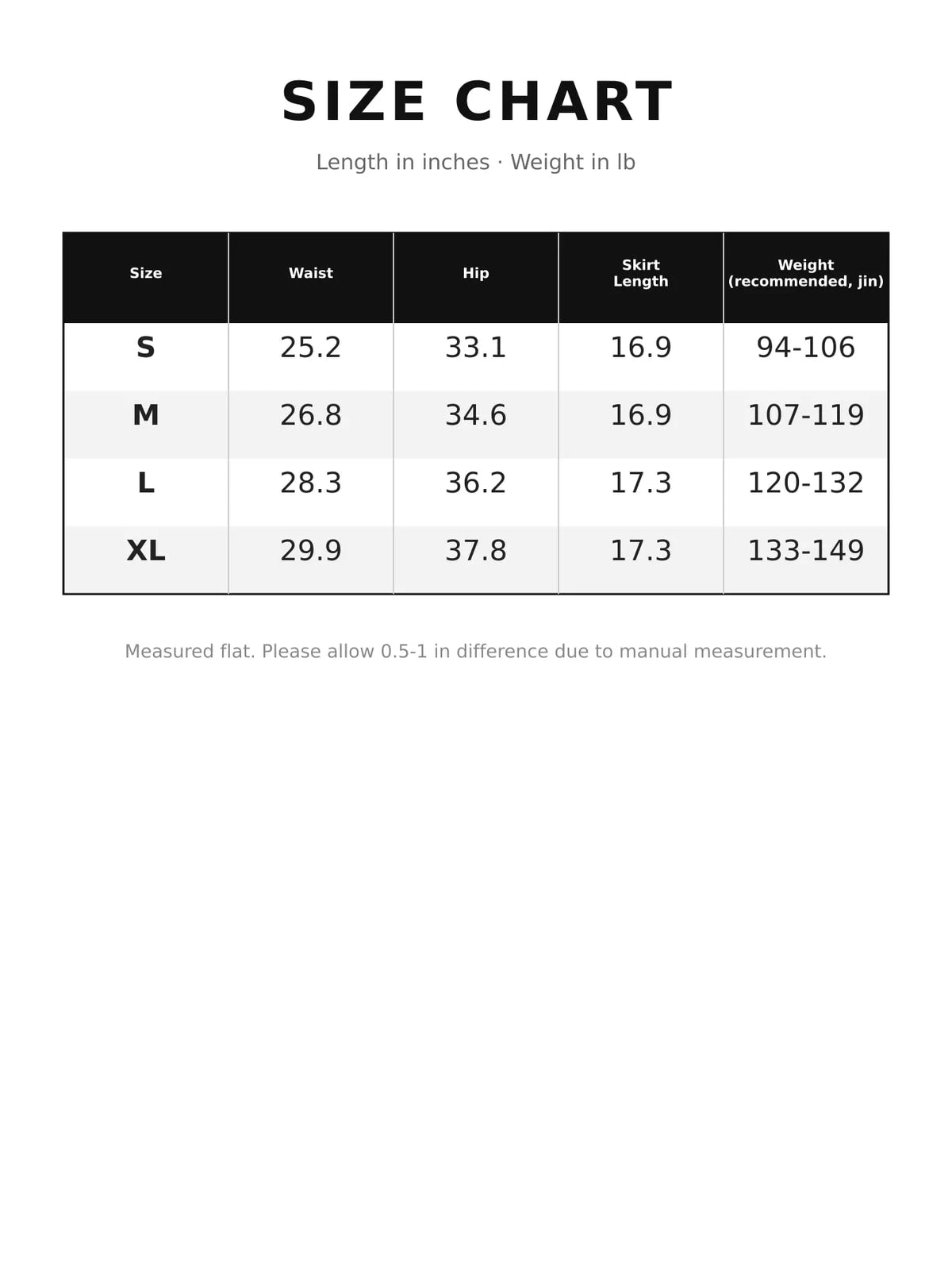 Lace Mini Skirt — size and measurement chart