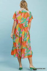 Trendsi Umgee Abstract Tropical Print Tiered Midi Dress -
