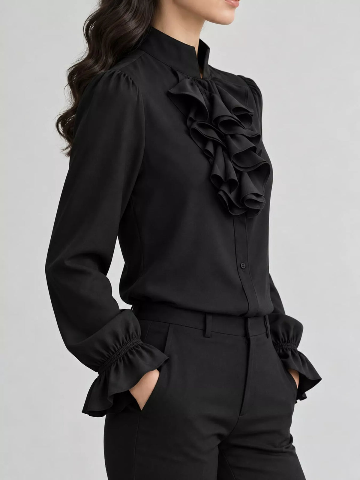 Ruffled Stand-Collar Blouse with Long Lantern Sleeves, side view