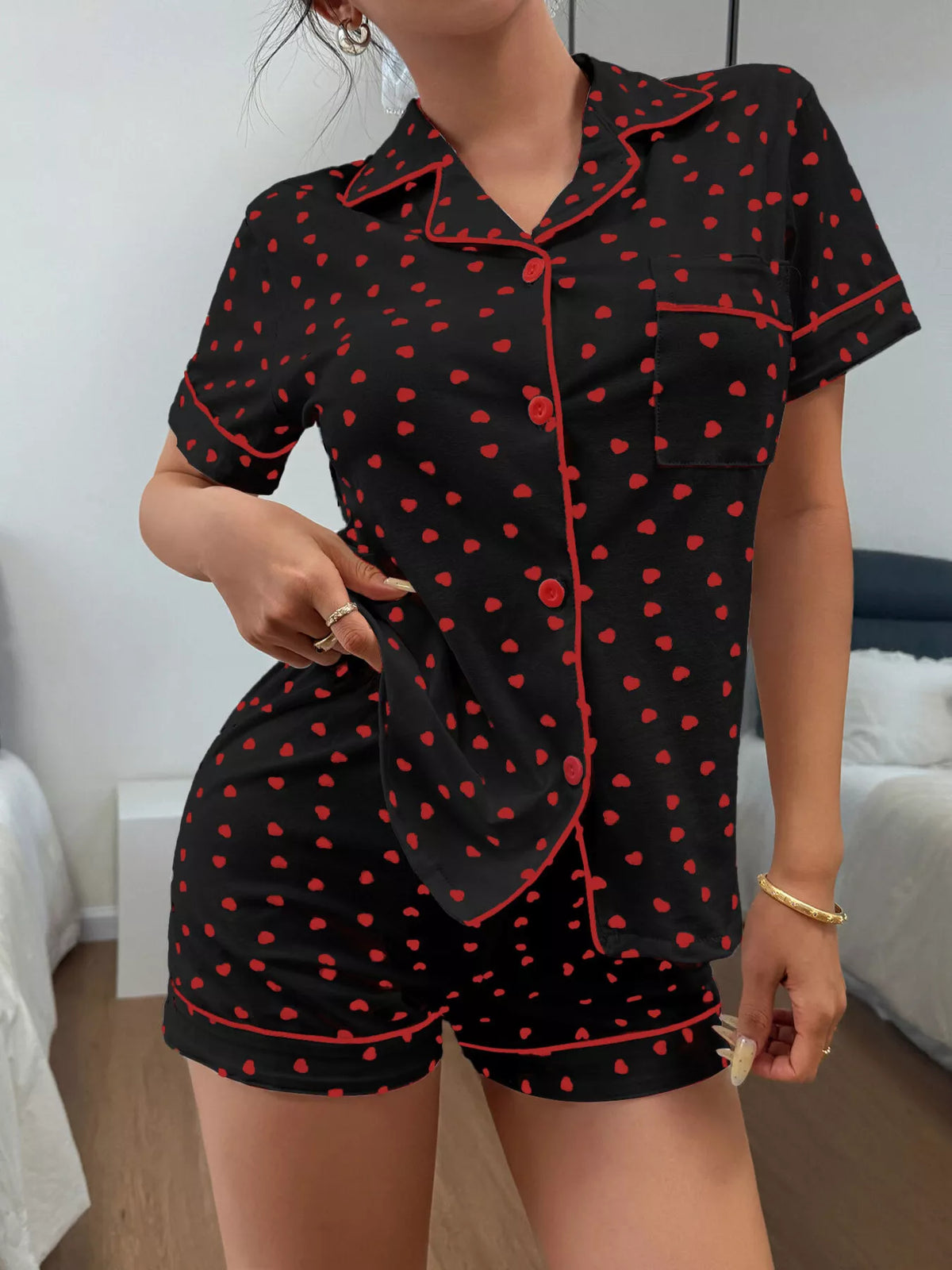 Trendsi Heart Print Button-Down Short Sleeve Top and Shorts Lounge Set -