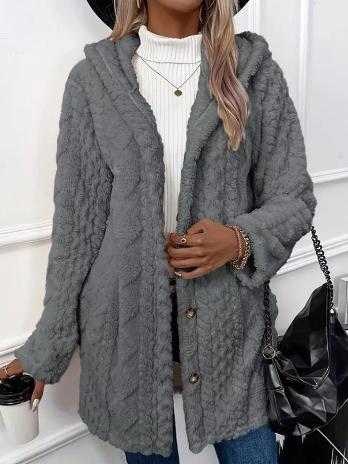 Gray cable knit faux fur hooded jacket