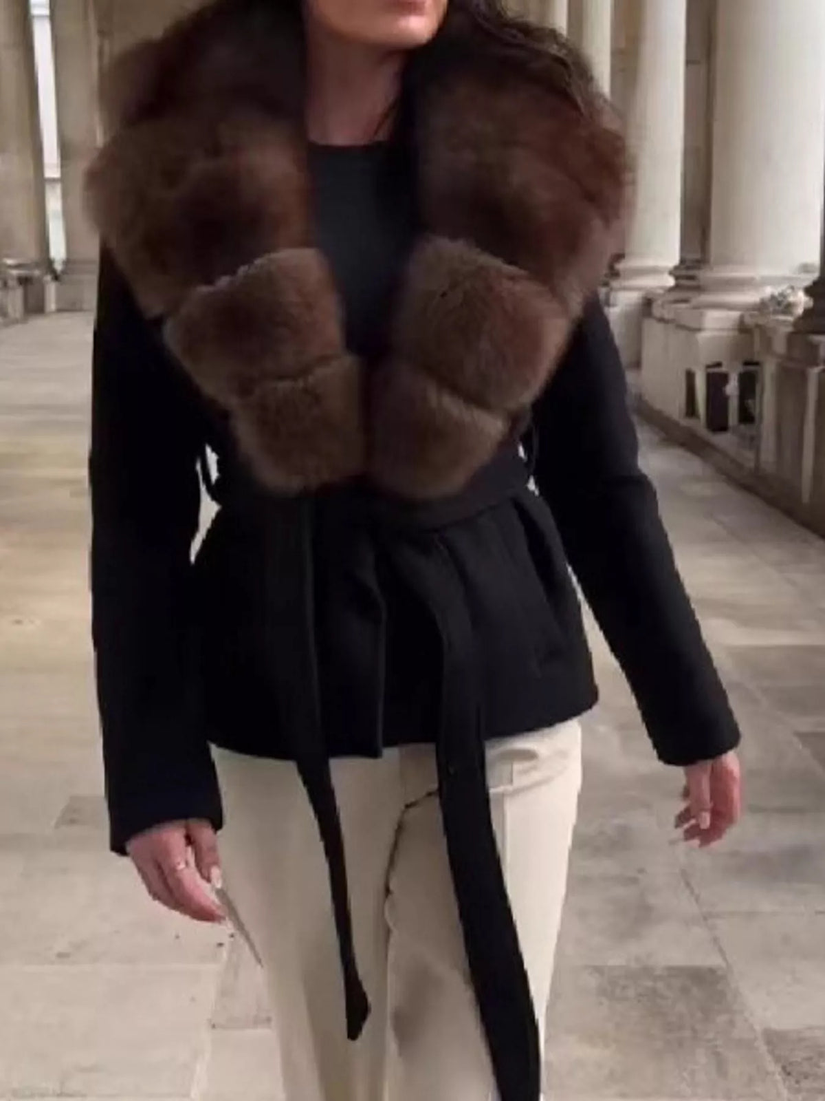 Faux Fur Collar Belted Jacket — front view