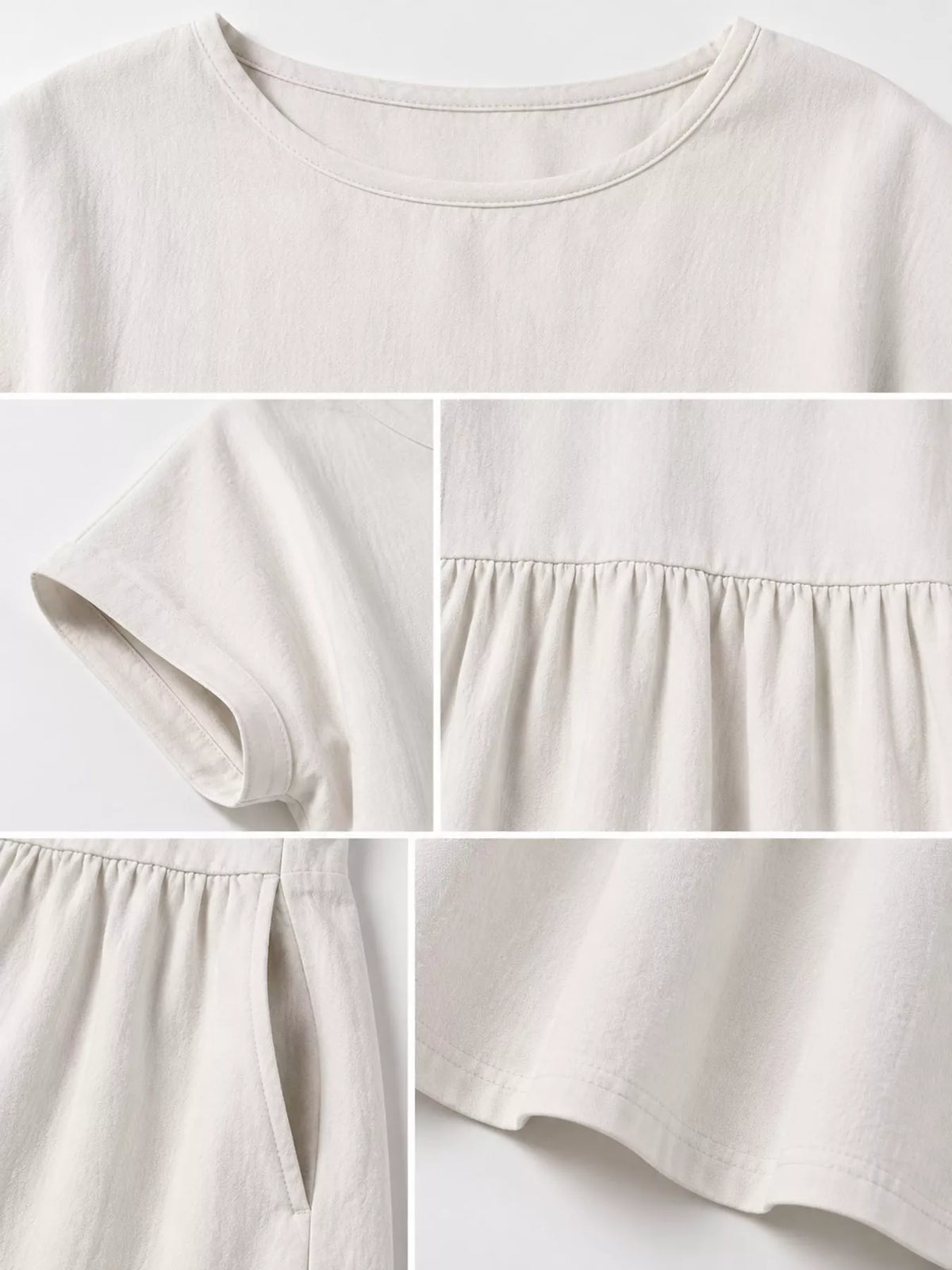 Round neck short sleeve midi dress, construction and design details