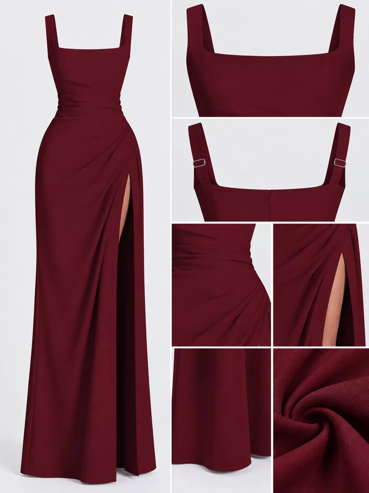 Women's Sleeveless High-Slit Evening Maxi Dress in burgundy — detail collage view