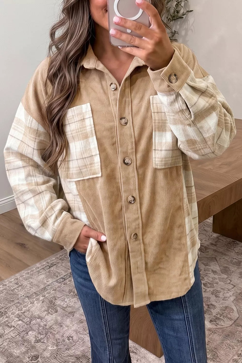Trendsi Plaid Colorblock Shirt Collar Shift Shacket -