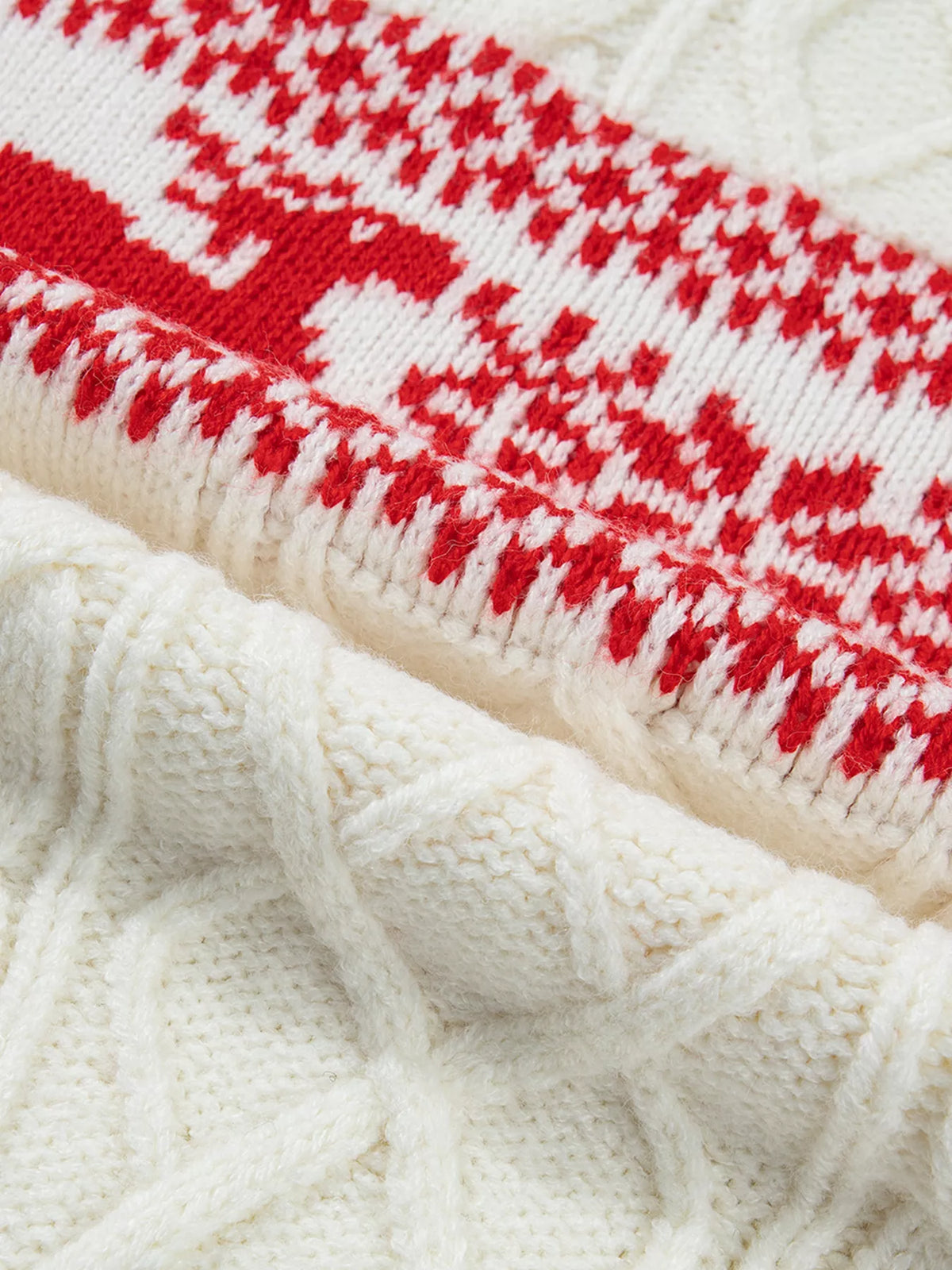 Reindeer Cable Knit Christmas Sweater in cream, construction detail