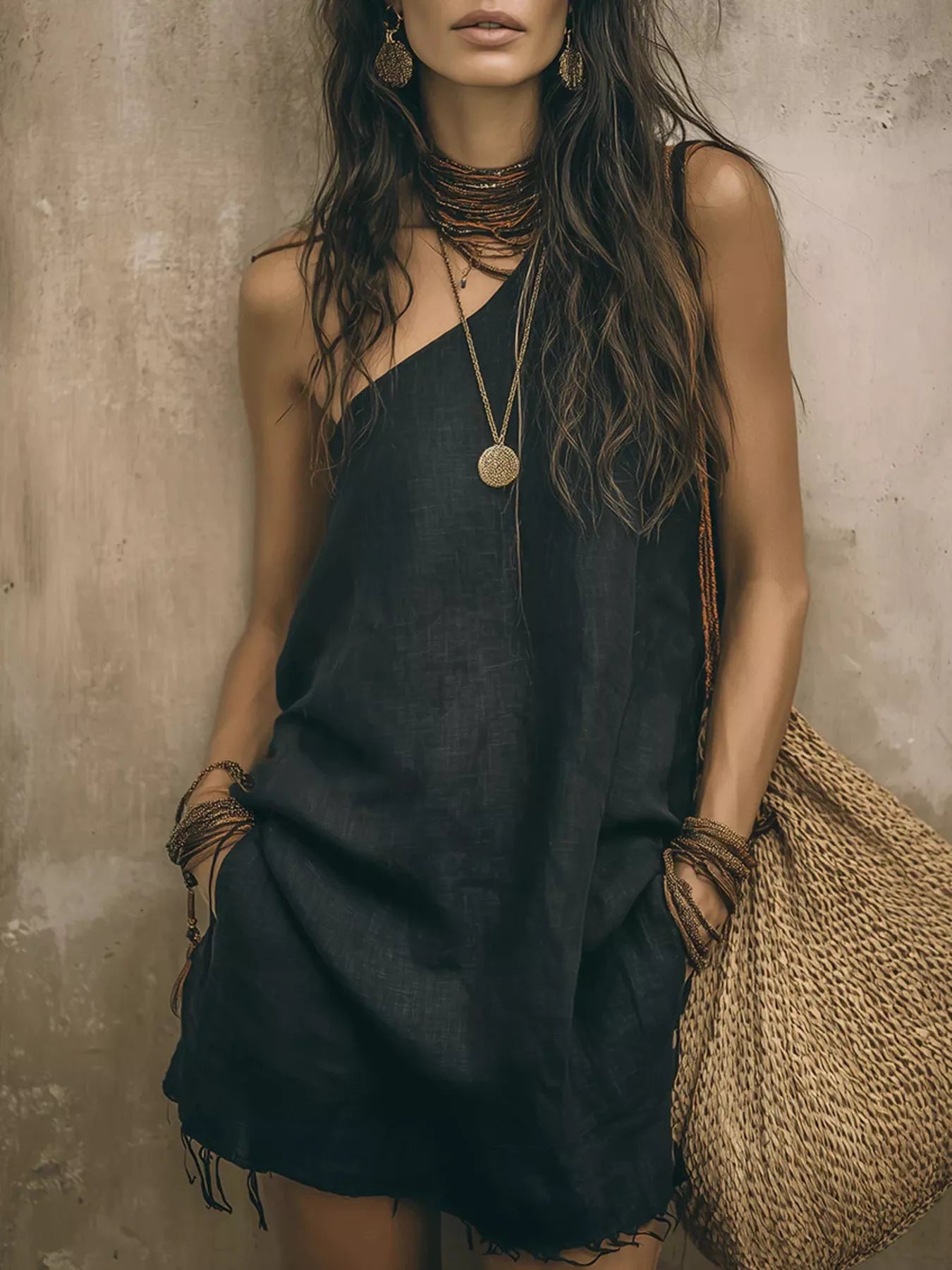 Trendsi One-Shoulder Mini Dress with Frayed Hem -