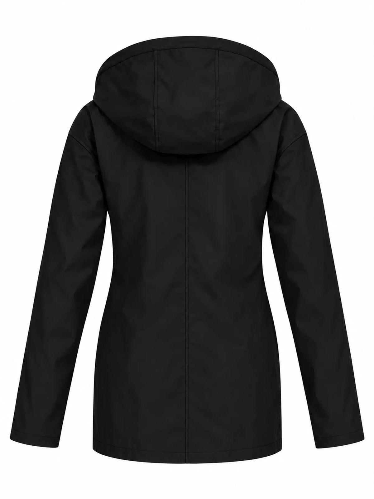 Black drawstring hooded jacket, back view