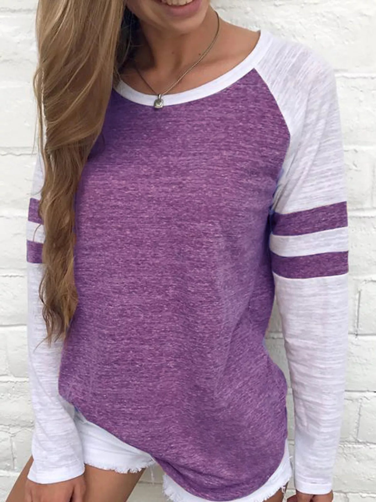 Purple color-block raglan sleeve striped t-shirt