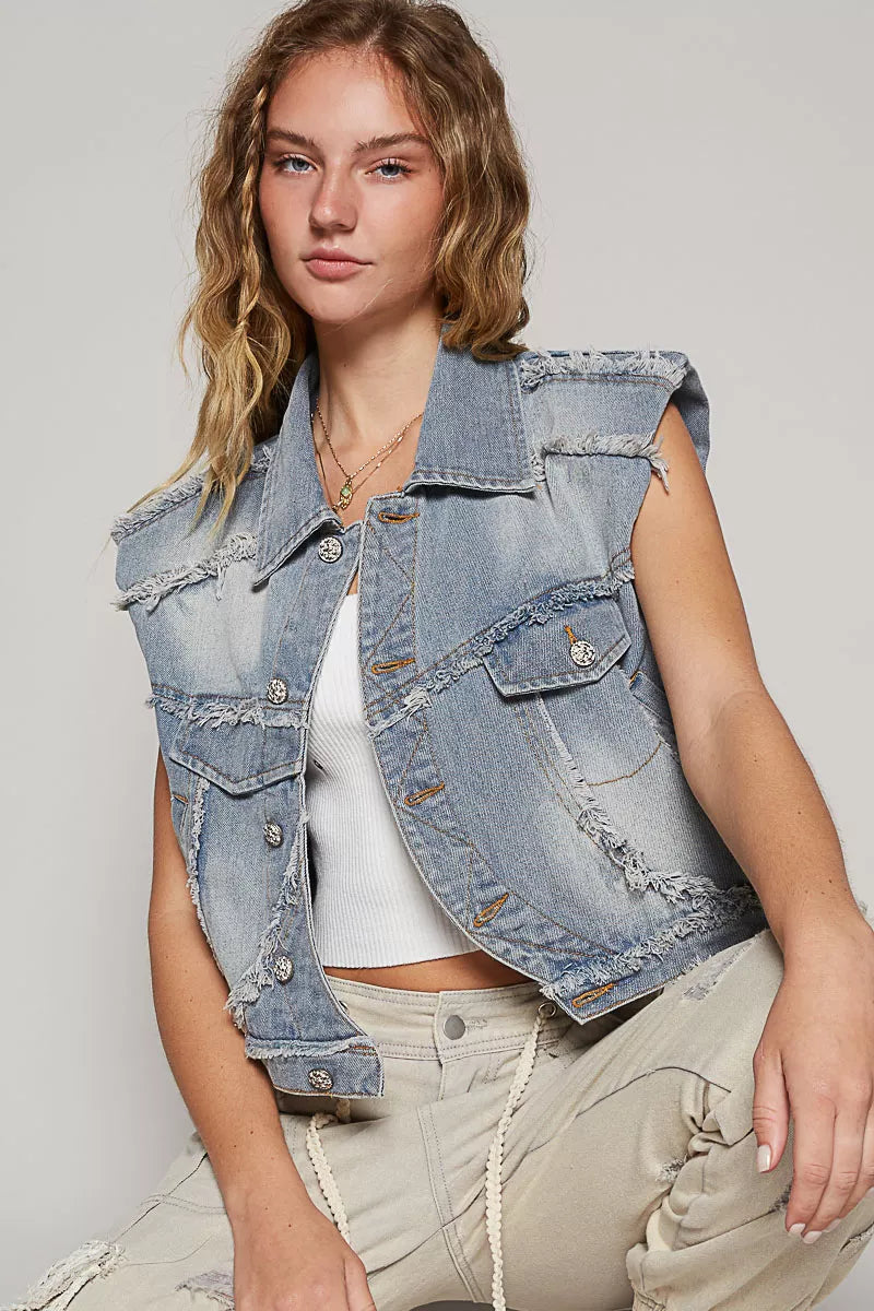 Women's Distressed Denim Vest With Asymmetrical Button Front — product view 3