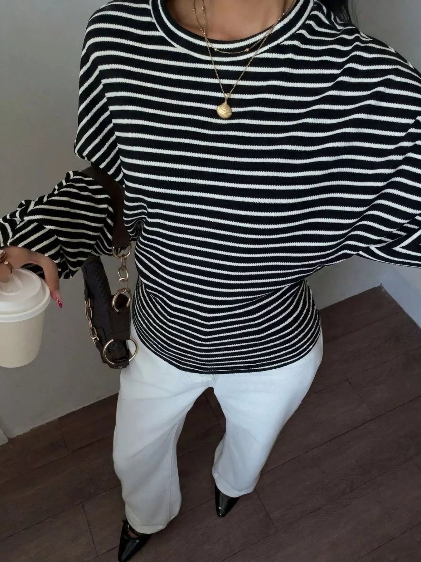Trendsi Casual Striped Batwing Sleeve T-Shirt -