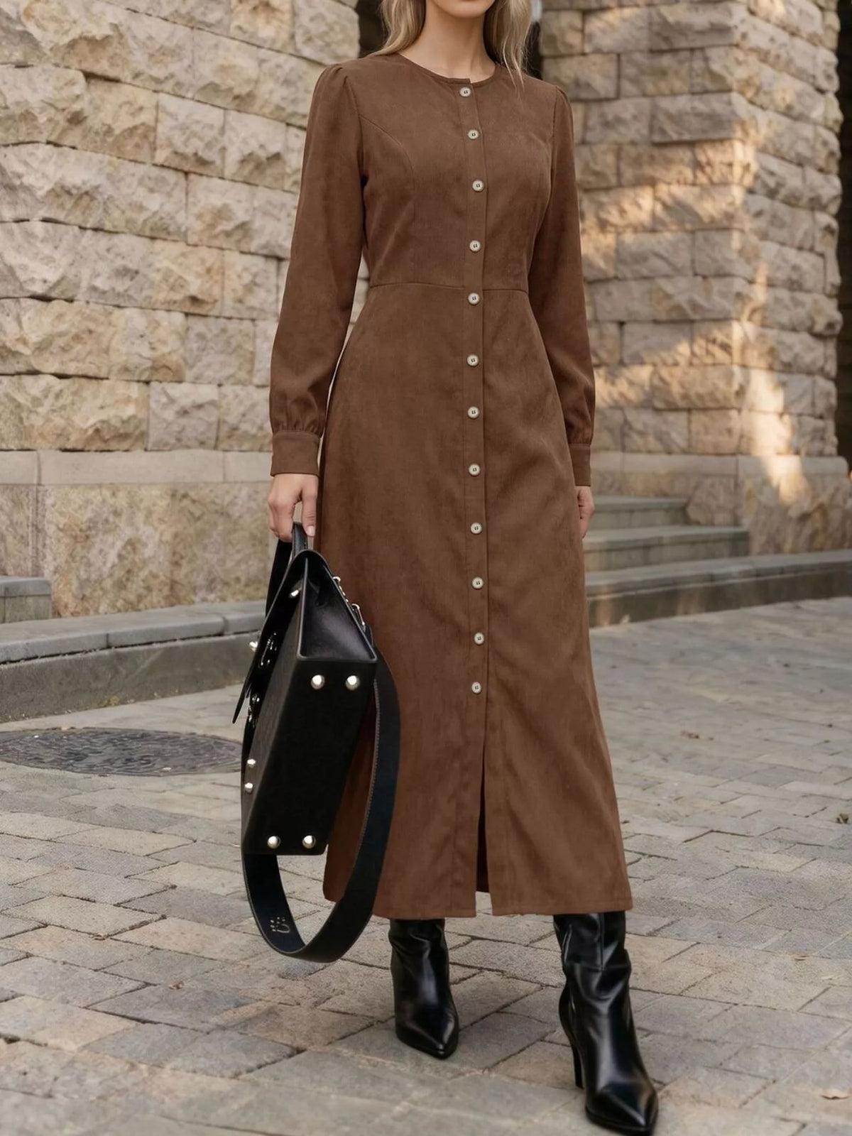 Brown corduroy button-down maxi dress, full-length front