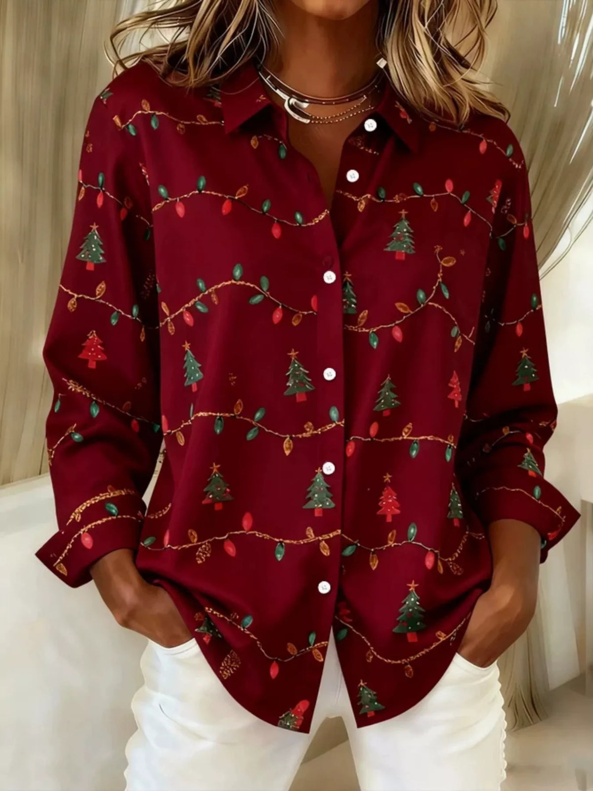 Burgundy christmas tree button-down shirt, front view.