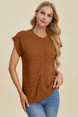 Trendsi Double Take Full Size Cable-Knit Round Neck Cap Sleeve Sweater - Shirts