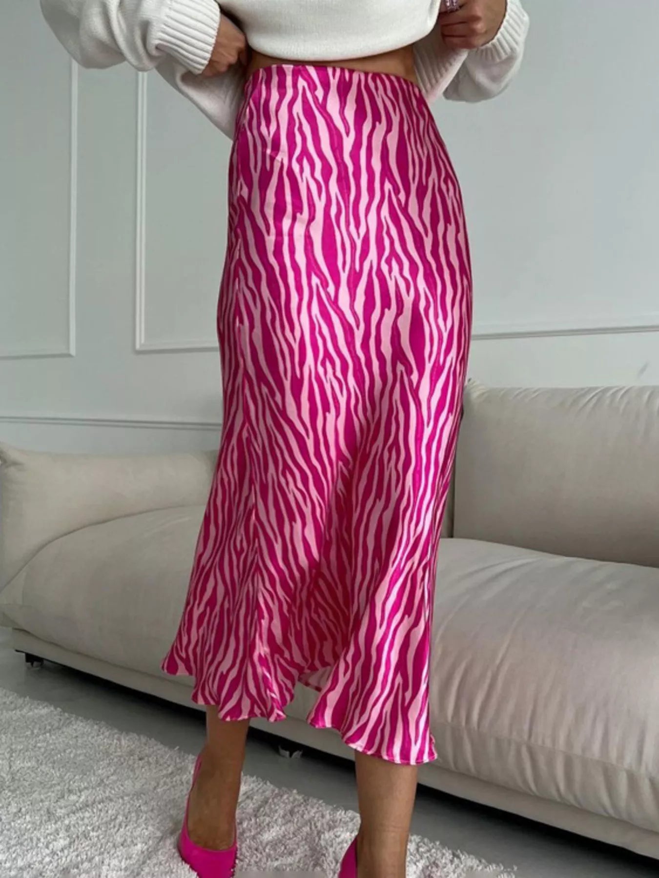 Trendsi Satin Zebra Print Midi Skirt -