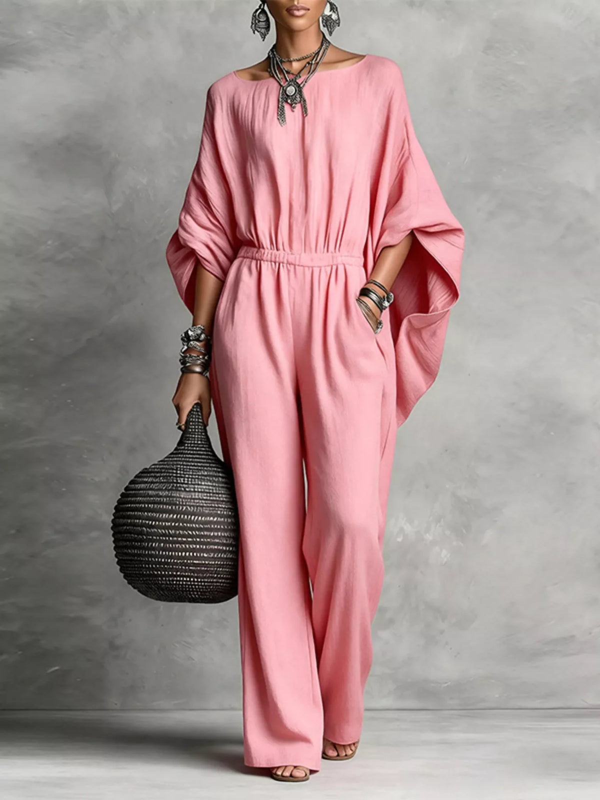 Pink boat-neck batwing-sleeve wide-leg jumpsuit