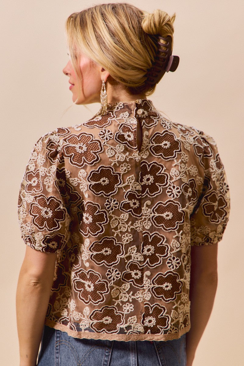 Women's Floral Mesh Top With Back Button Closure — product view 15