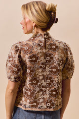 Trendsi SO ME Texture Floral Mesh Top With Back Button Closure -