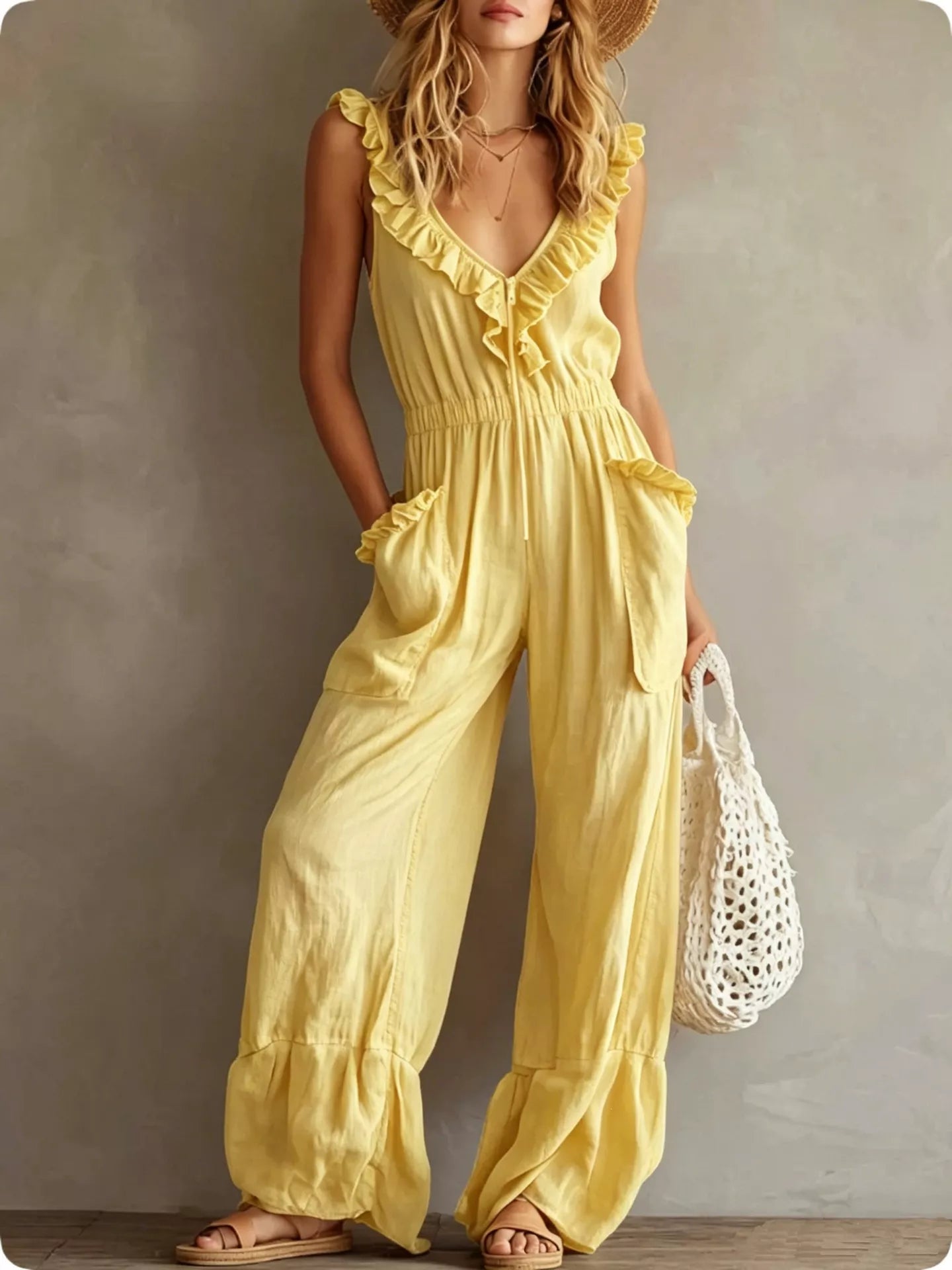 Trendsi Ruffled V-Neck Wide Leg Jumpsuit -