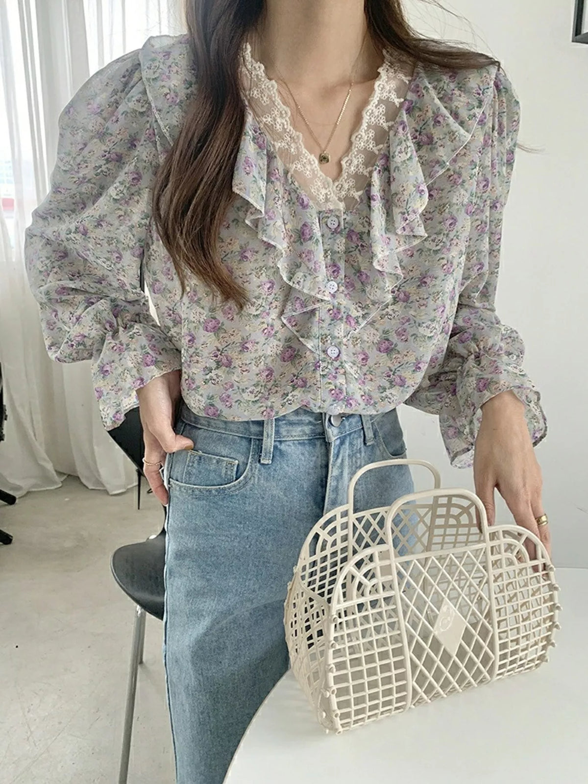 Floral Ruffle Lace Trim V-Neck Shirt — front view