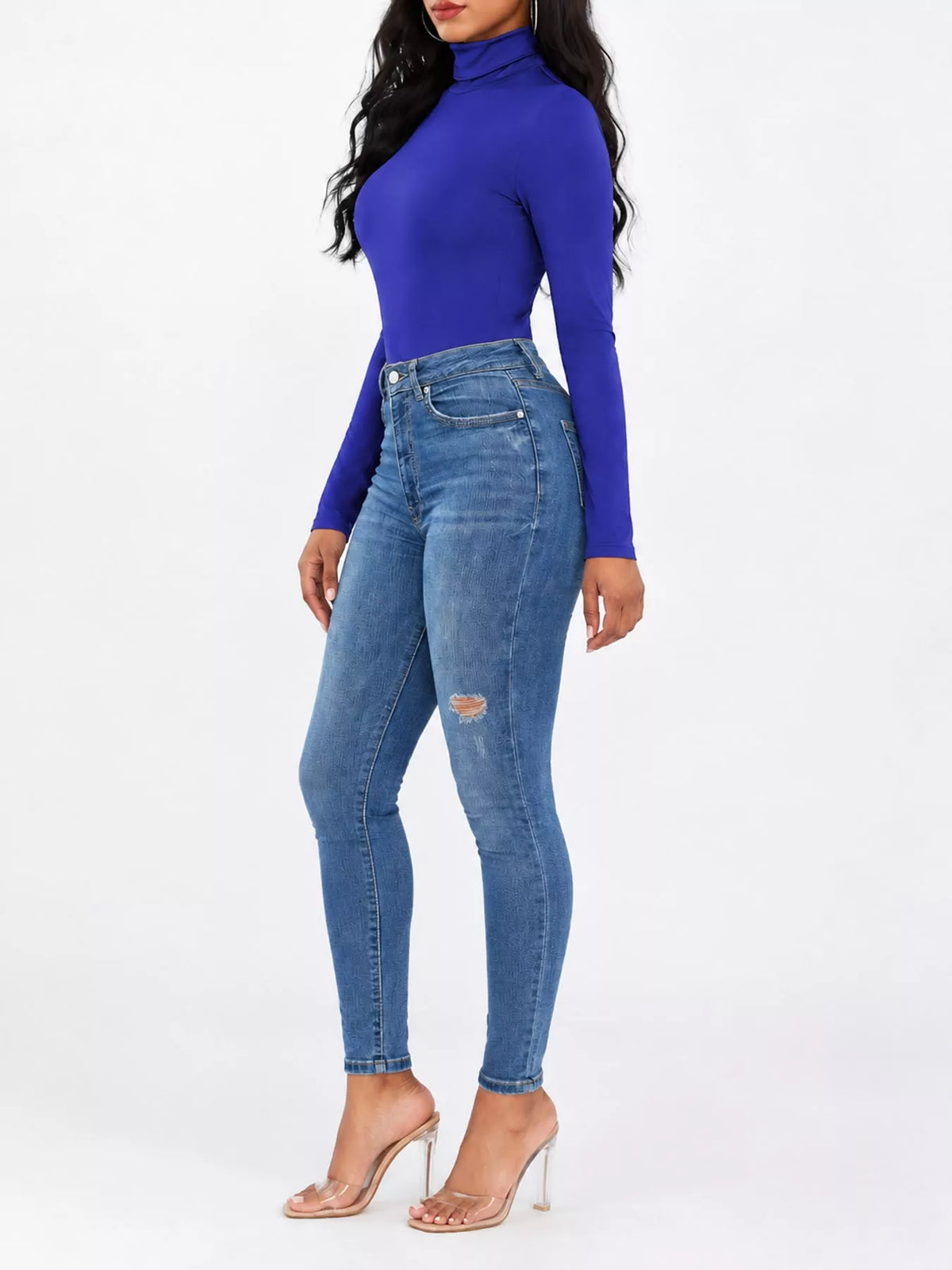 Long Sleeve Turtleneck Slim-Fit Bodysuit in blue