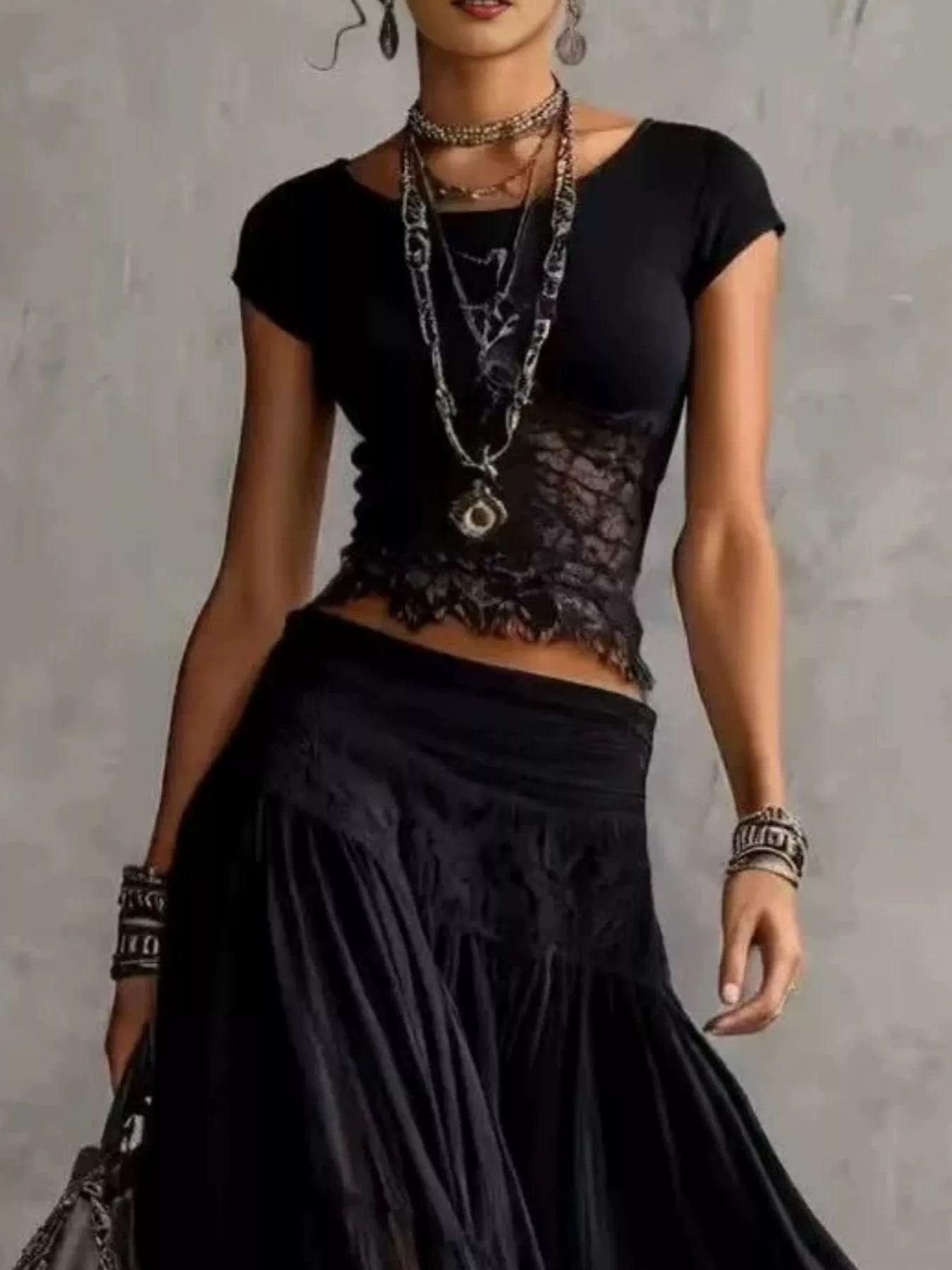 Trendsi Lace Slim Fit Top and Maxi Skirt Set -